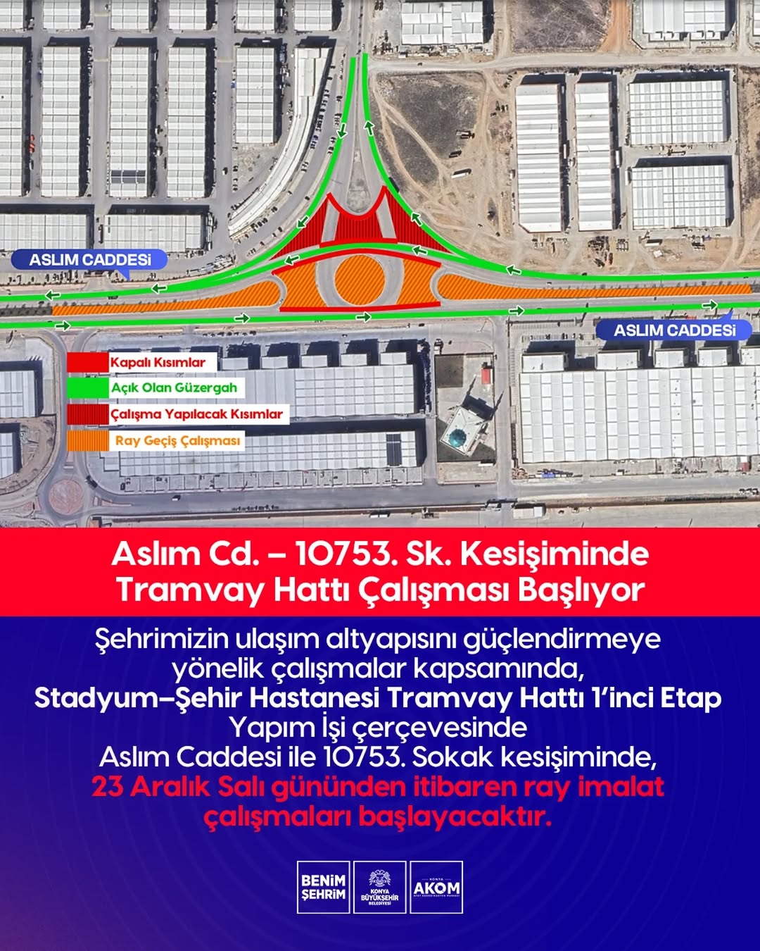 Konya'da Aslım Caddesi ve 10753. Sokak Kesişiminde Tramvay Hattı Çalışmaları Başlıyor