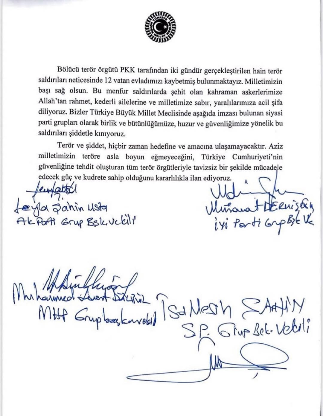 TBMM'de Irak'taki Terör Saldırılarıyla İlgili Ortak Bildiri Yayımlandı