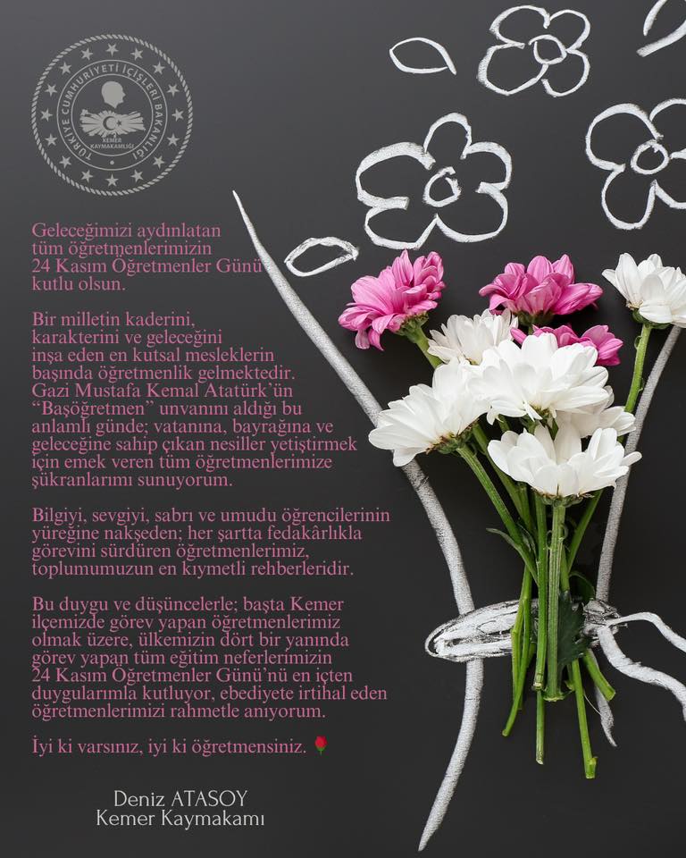 Kemer Kaymakamlığı'ndan 24 Kasım Öğretmenler Günü Kutlama Mesajı