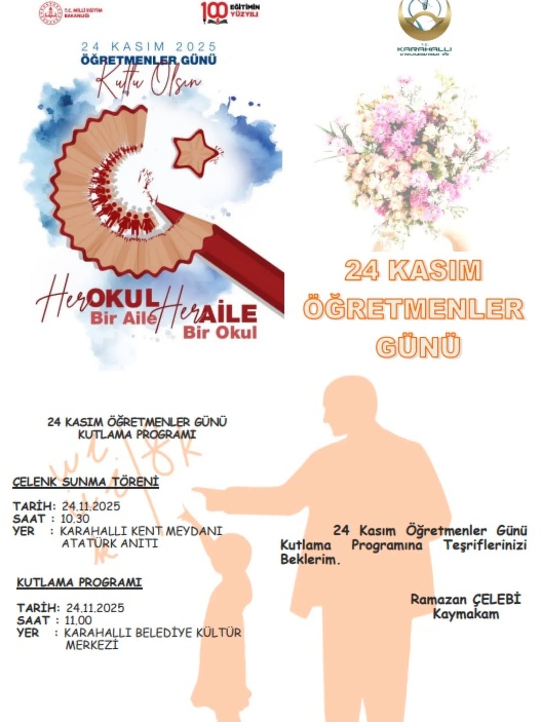 Karahallı Kaymakamlığı'ndan 24 Kasım Öğretmenler Günü Programı Duyurusu