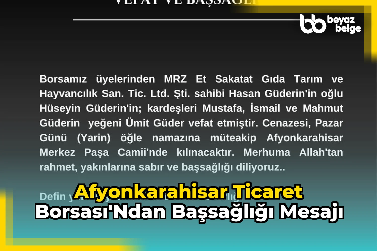 Afyonkarahisar Ticaret Borsası'ndan Başsağlığı Mesajı