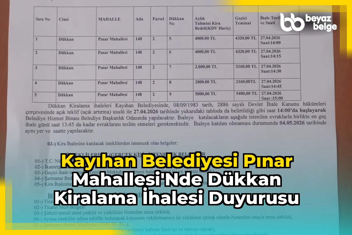 Kayıhan Belediyesi Pınar Mahallesi'nde Dükkan Kiralama İhalesi Duyurusu