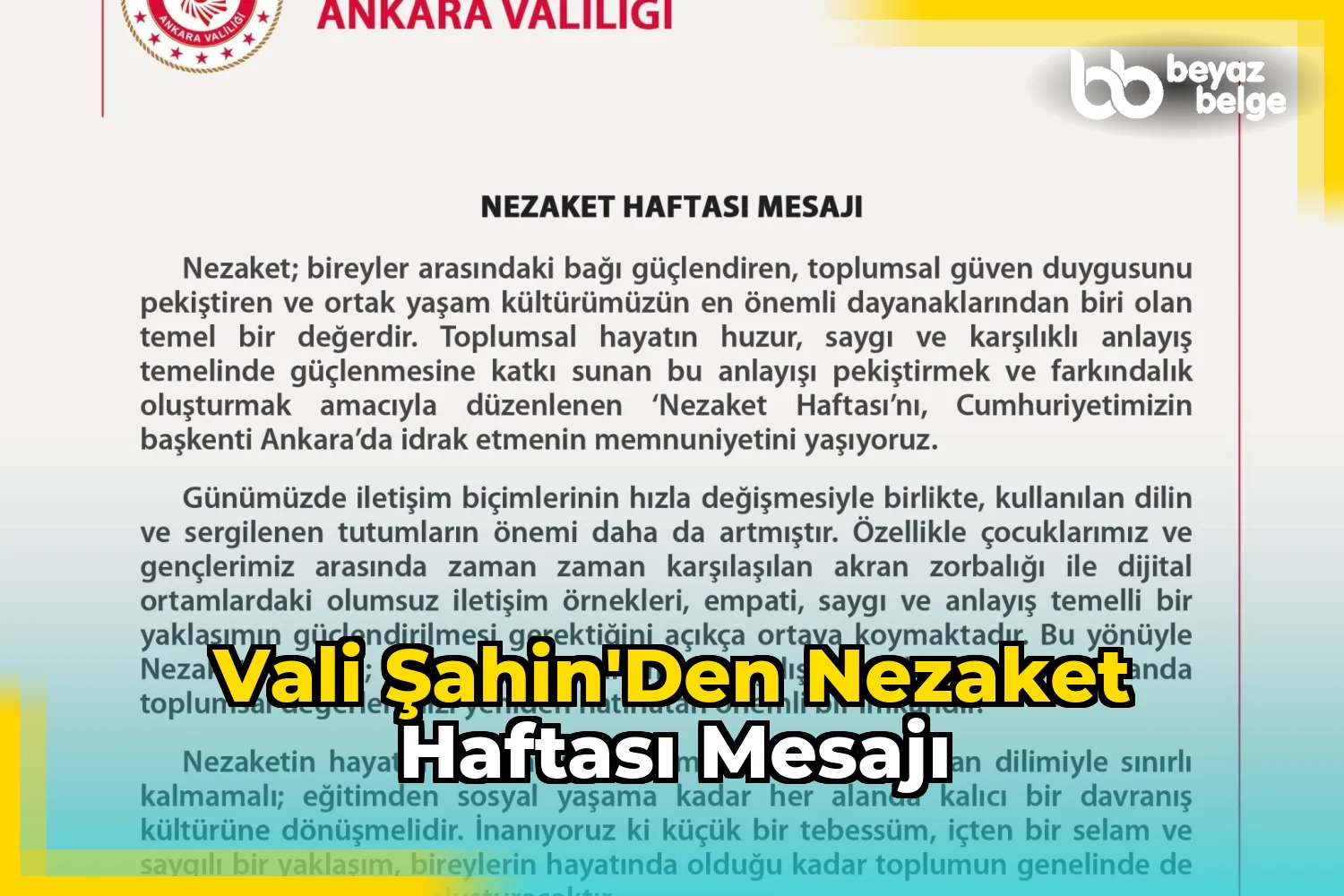 Vali Şahin'den Nezaket Haftası Mesajı