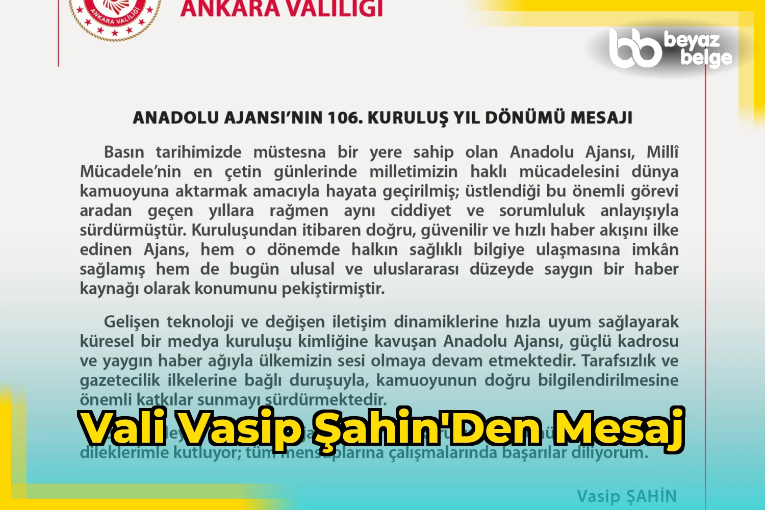 Vali Vasip Şahin'den mesaj