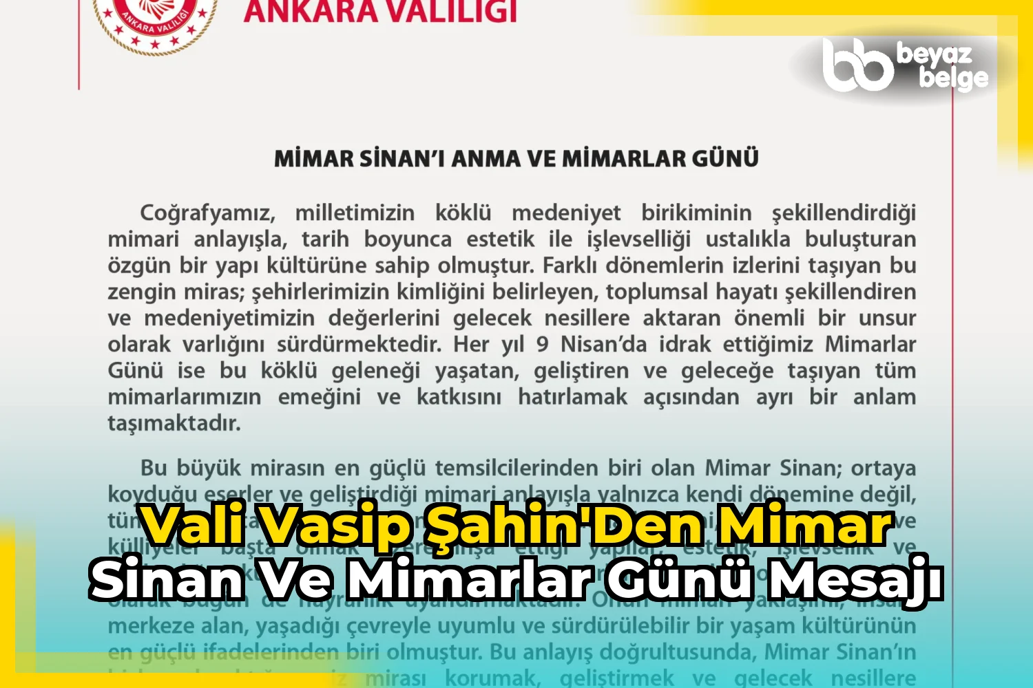 Vali Vasip Şahin'den Mimar Sinan ve Mimarlar Günü Mesajı