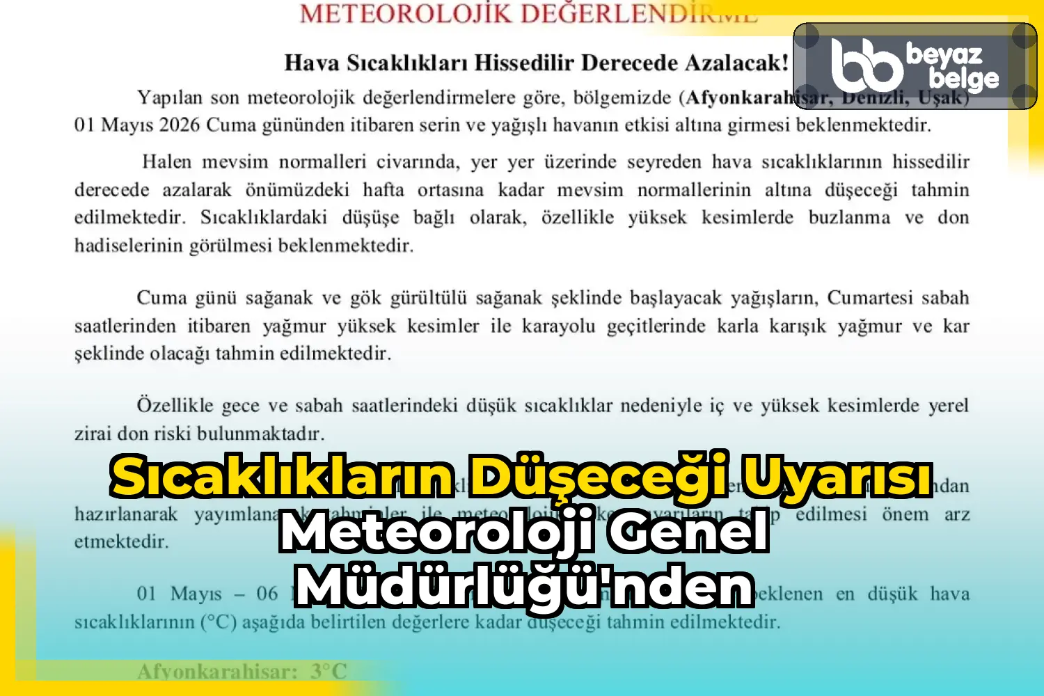 Sıcaklıkların Düşeceği Uyarısı Meteoroloji Genel Müdürlüğü'nden