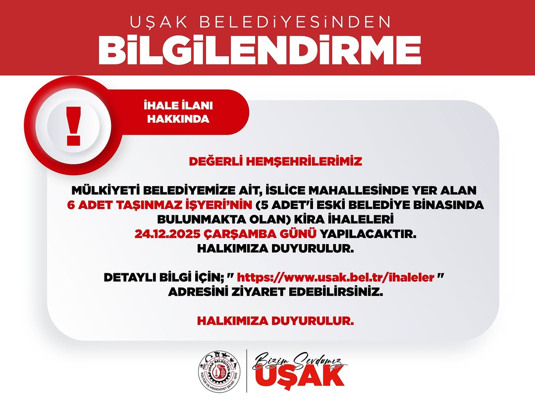 İslice Mahallesindeki 6 Adet Taşınmaz İşyeri Kiraya Verilecek